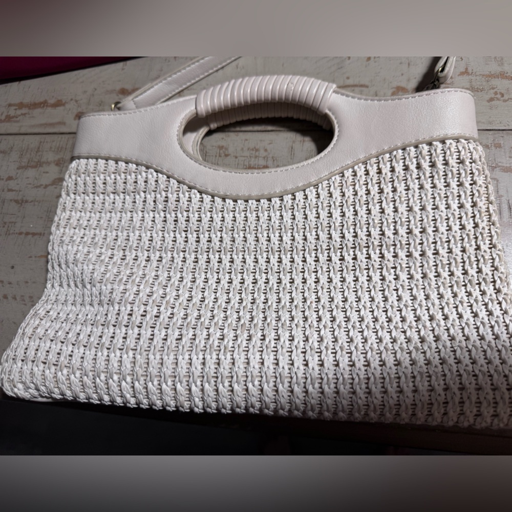 White Woven Tote Bag with faux Leather Trim small marks on back